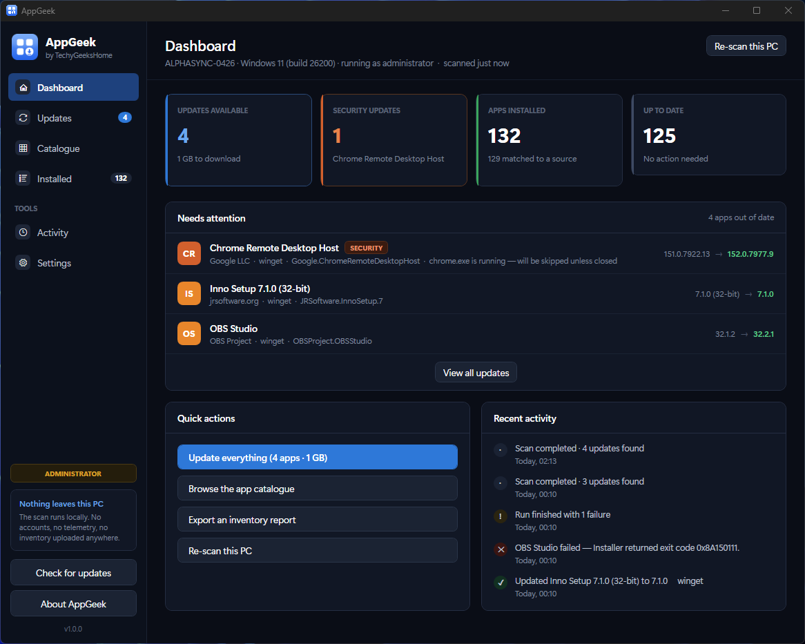 screenshot dashboard The dashboard after a scan: what is out of date, what is urgent, and what needs nothing