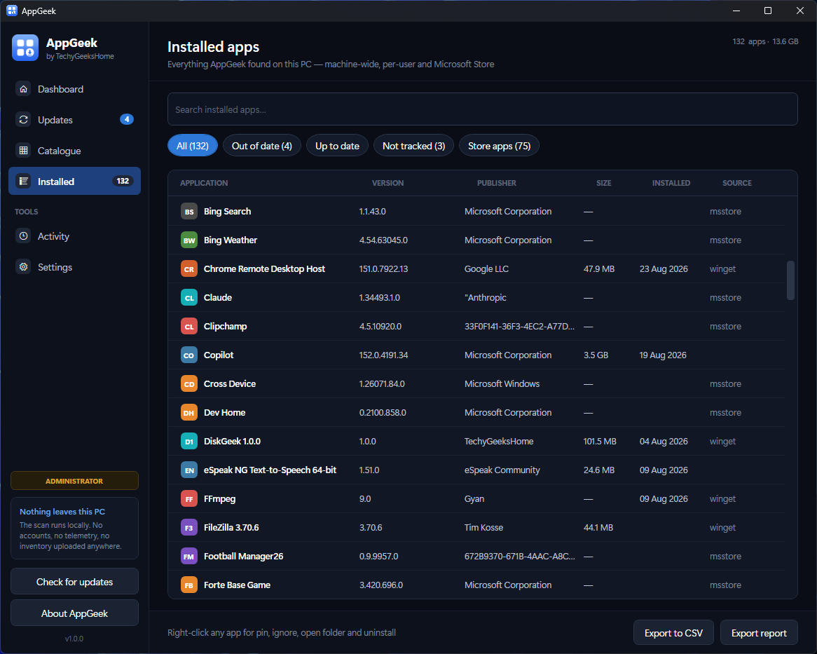 screenshot installed Everything installed on the PC — machine-wide, per-user and Microsoft Store