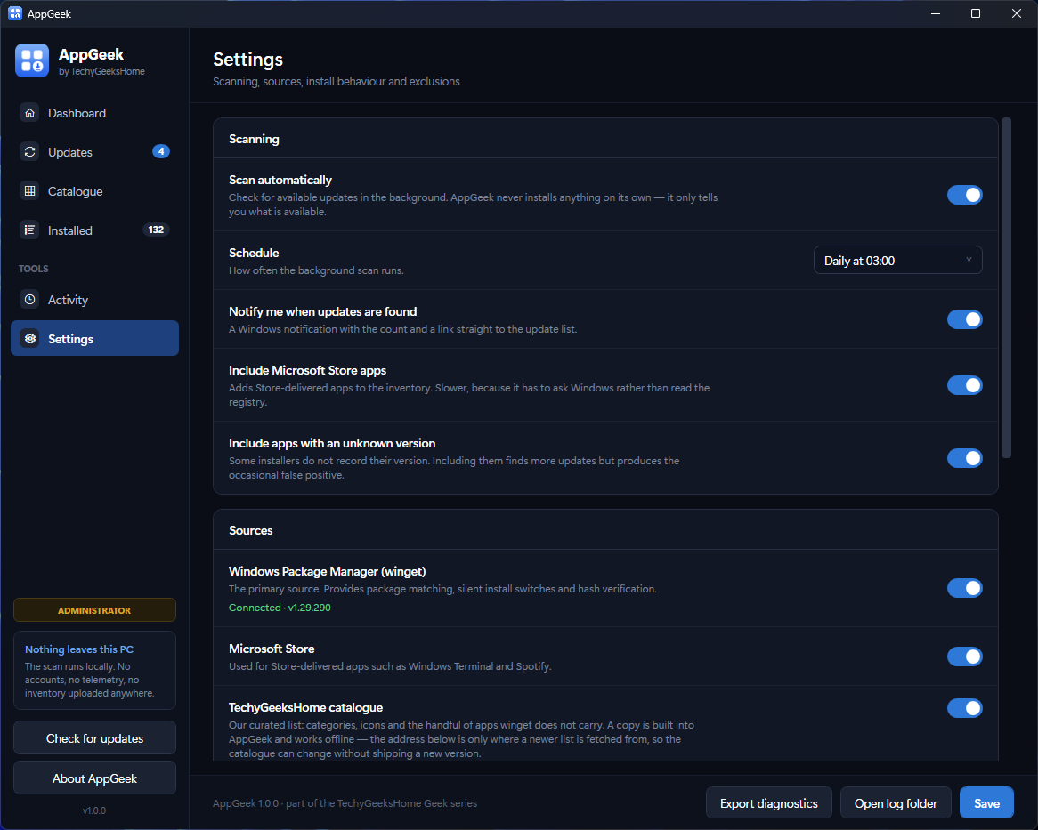 screenshot settings Scanning schedule, sources and install behaviour, all under your control