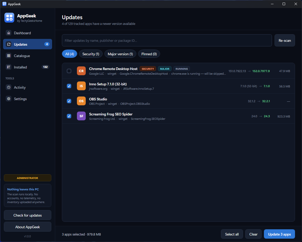 screenshot updates Every available update in one list, with security and major-version releases flagged