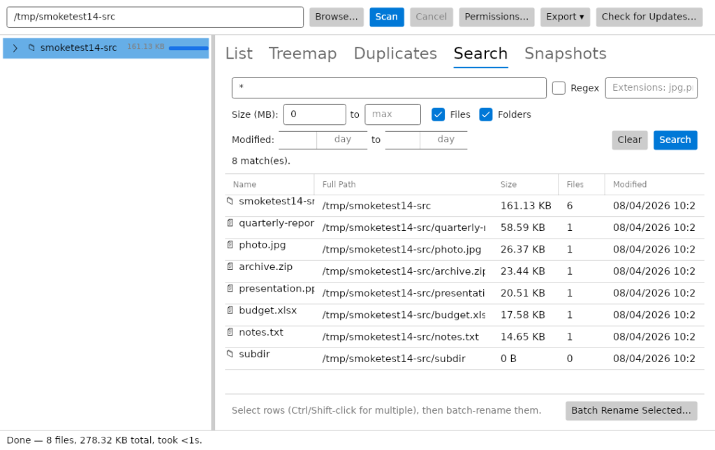 DiskGeek Search tab with wildcard search, size and modified-date filters