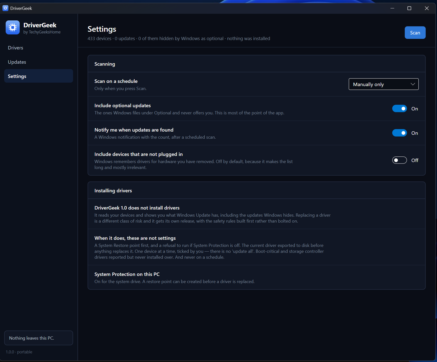 The DriverGeek Settings screen