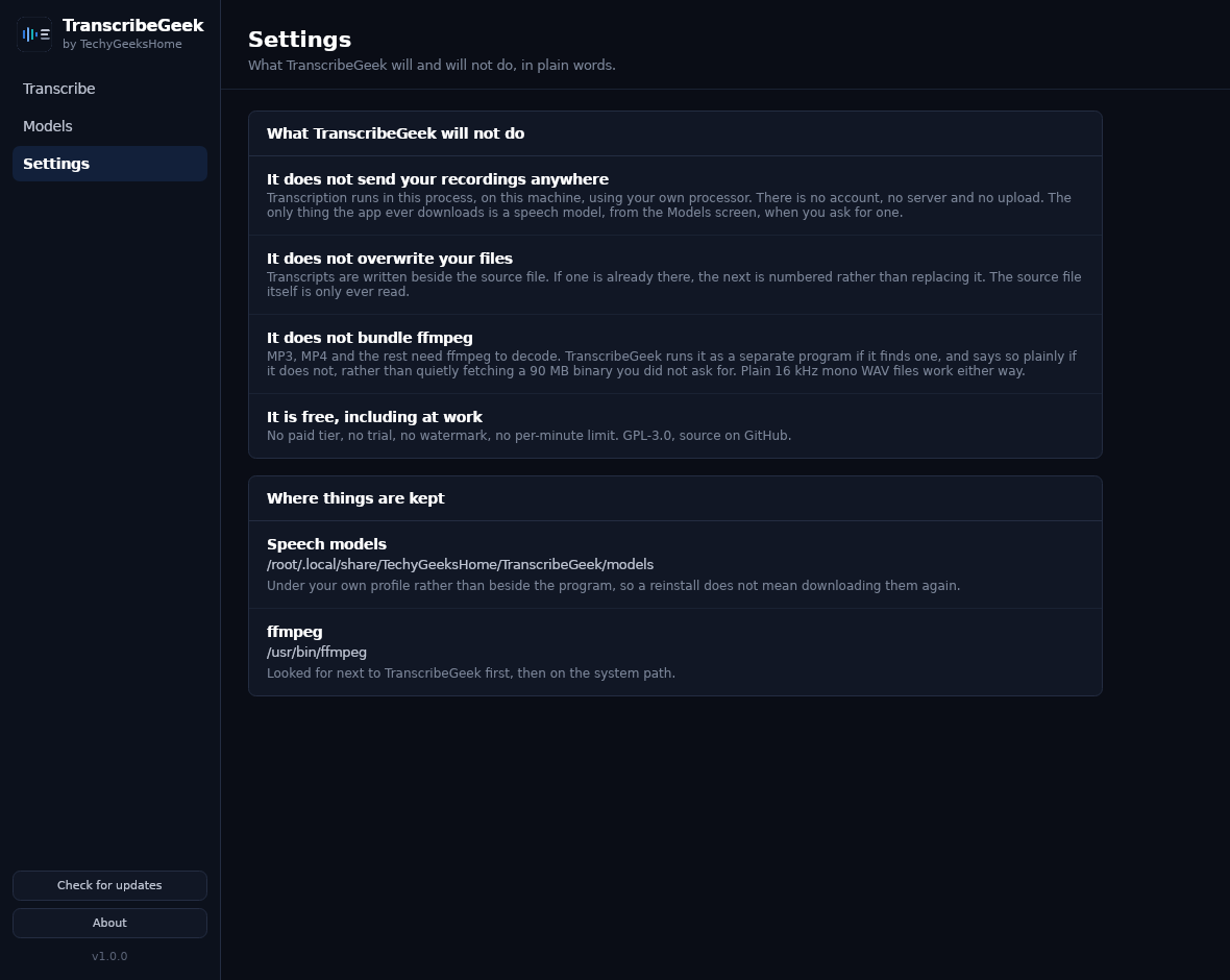 transcribegeek settings The Settings screen — what TranscribeGeek will not do, in plain words