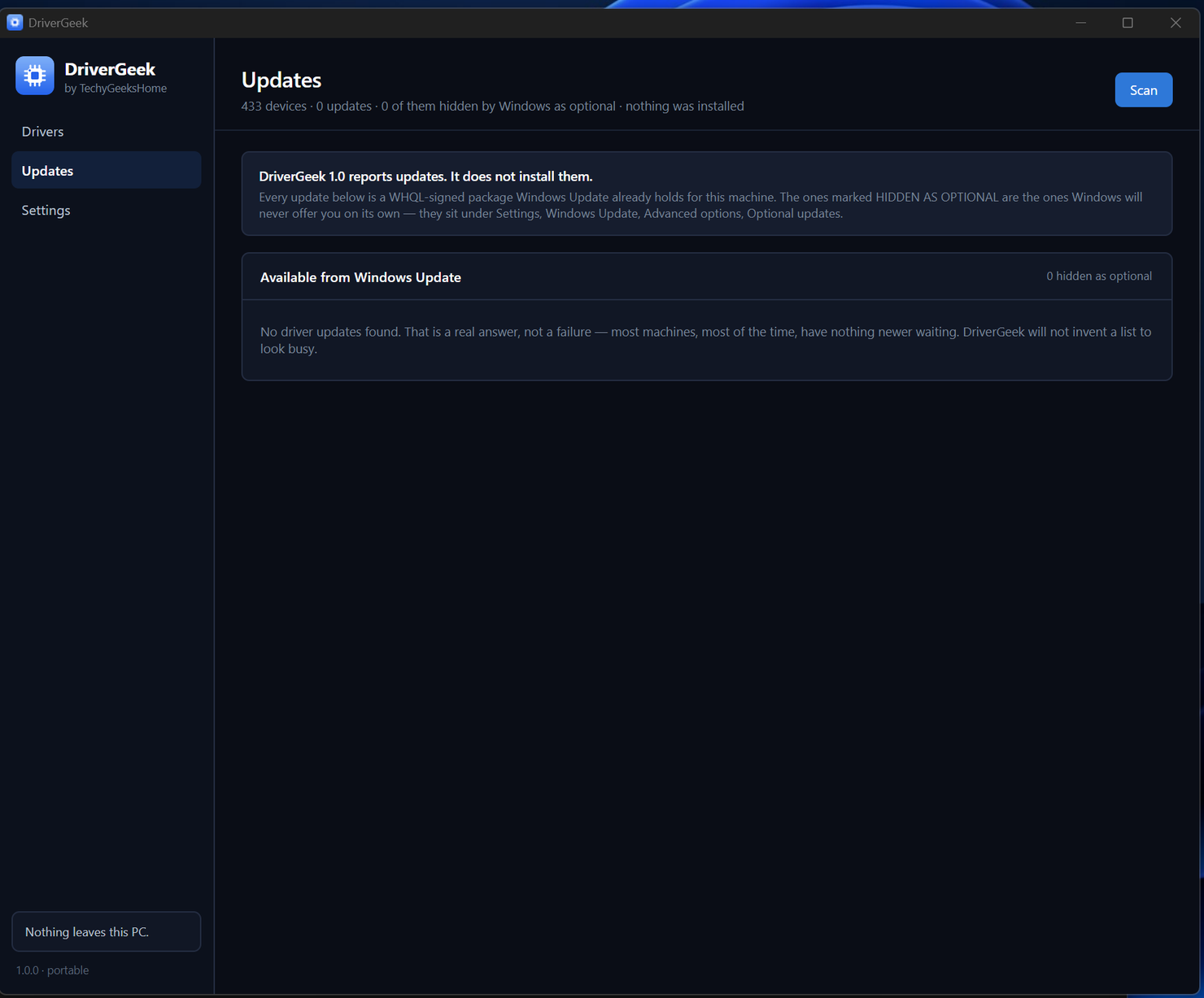 The DriverGeek Updates screen