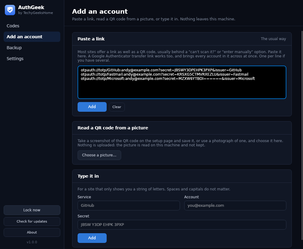 Three ways to add an account to AuthGeek