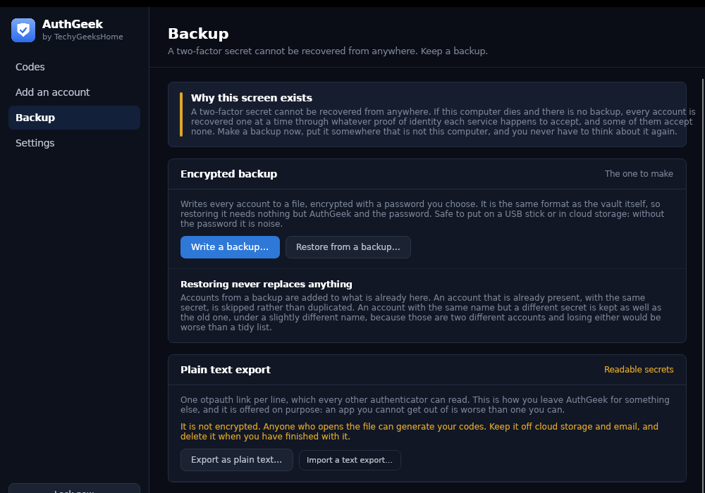 The AuthGeek backup screen, explaining why it exists