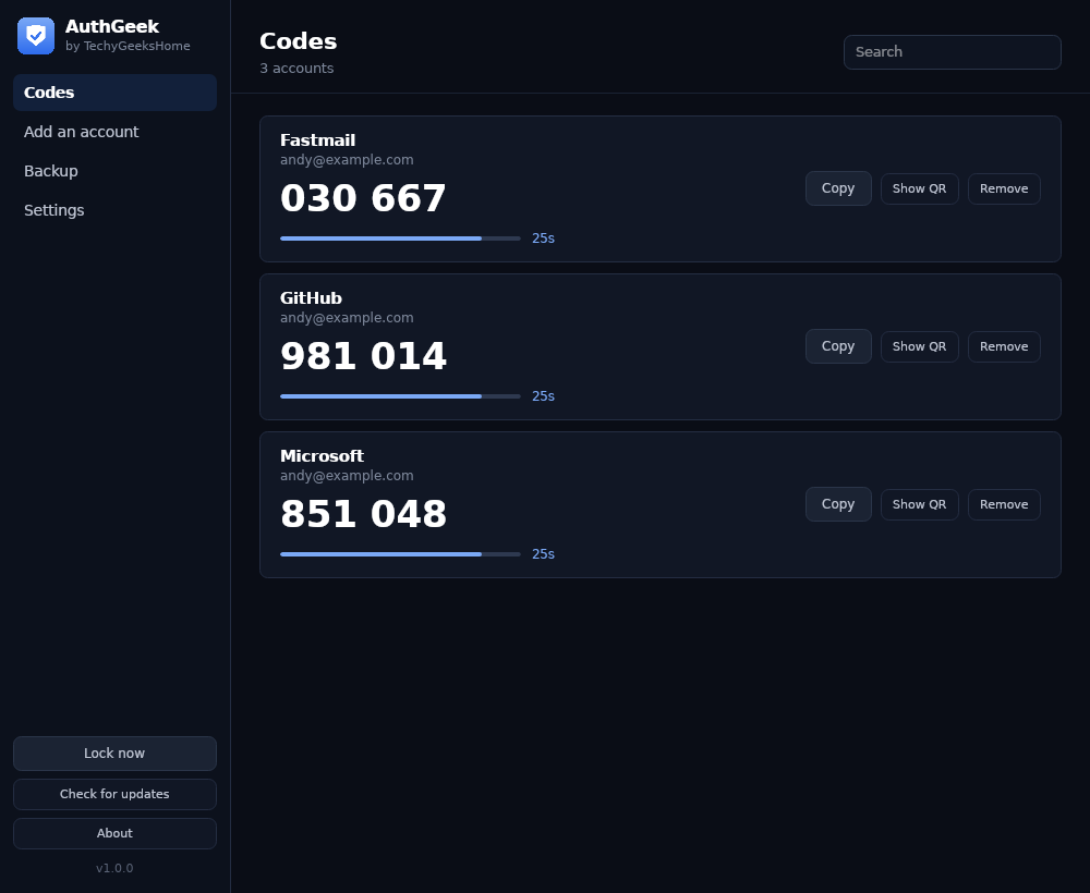 The AuthGeek codes screen, with codes counting down