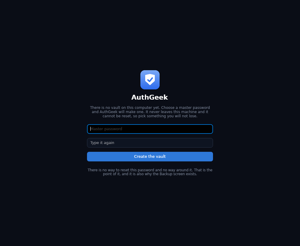 First run. Choose a master password and AuthGeek makes the vault.