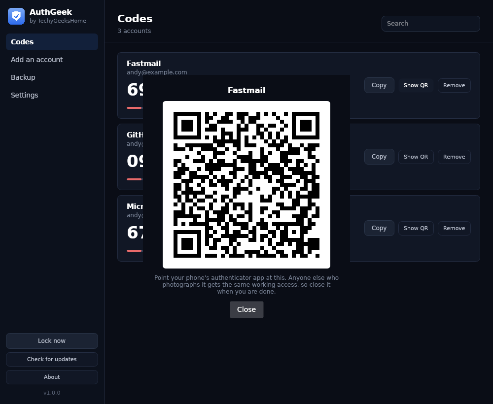 Any account as a QR code, ready for a phone.