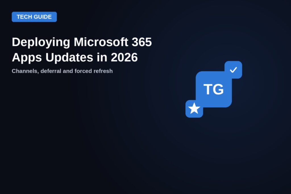 Guide badge graphic for deploying Microsoft 365 Apps updates in 2026, covering update channels, deferral and forced refresh