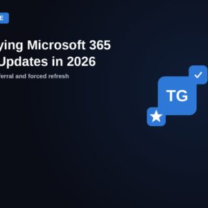 Guide badge graphic for deploying Microsoft 365 Apps updates in 2026, covering update channels, deferral and forced refresh