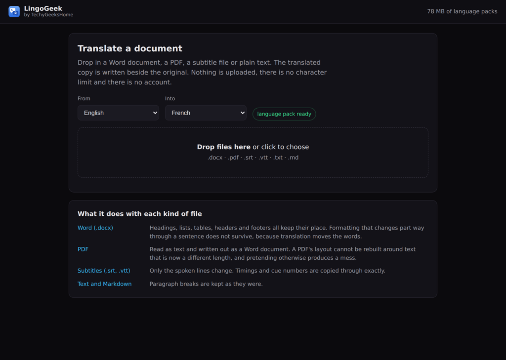 LingoGeek: choose a language pair and drop in Word documents, PDFs, subtitles or plain text