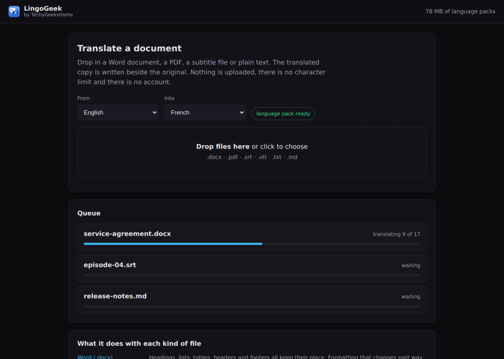 The LingoGeek queue working through a Word contract, a subtitle file and a Markdown page