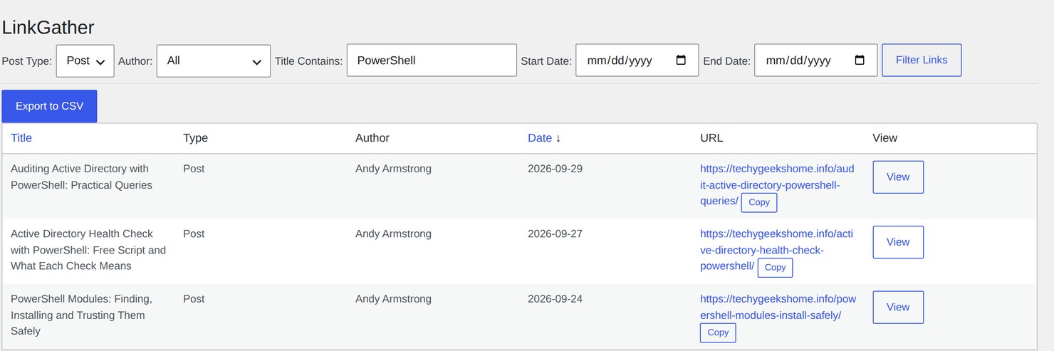 linkgather screen filtered The LinkGather admin screen filtered to posts with PowerShell in the title