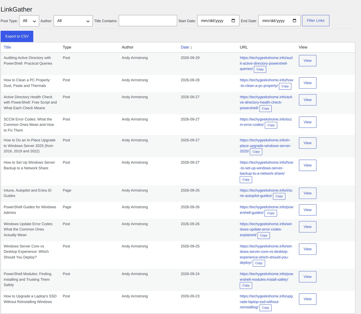 linkgather screen table The LinkGather admin screen listing every published post and page with its URL