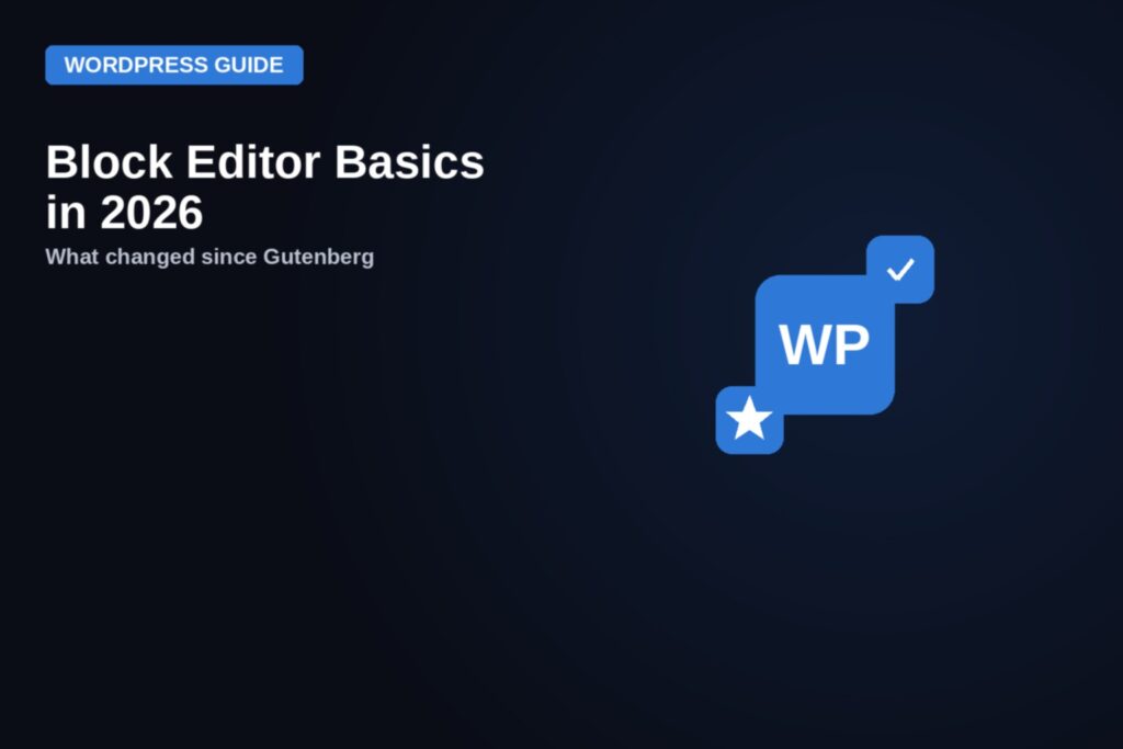 WordPress block editor guide badge with WP icon, checkmark and star, on a dark blue background
