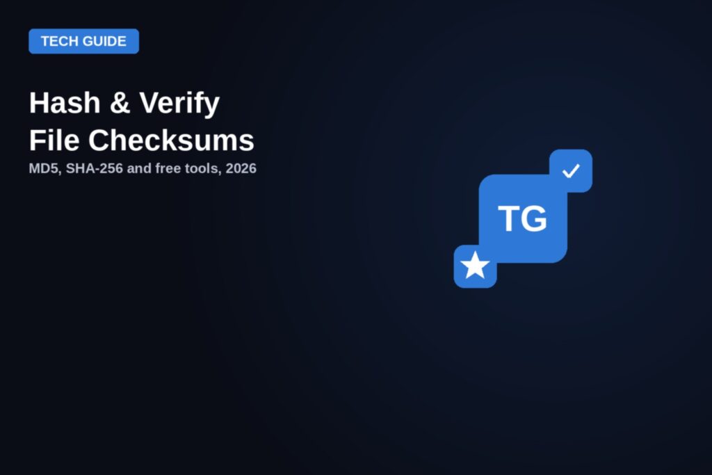 Guide badge for hashing and verifying file checksums with MD5 and SHA-256 in 2026