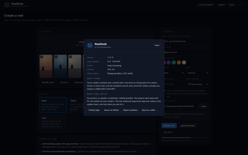 The About box, with the version and the update check