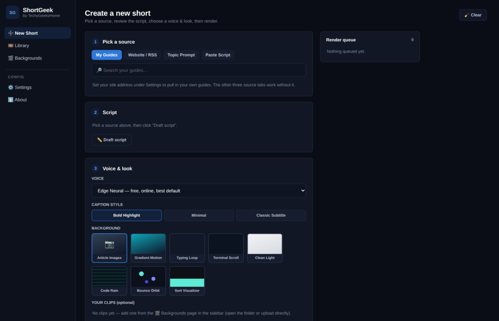 shortgeek new short Creating a new short in ShortGeek: pick a source, review the script, choose a voice and a look