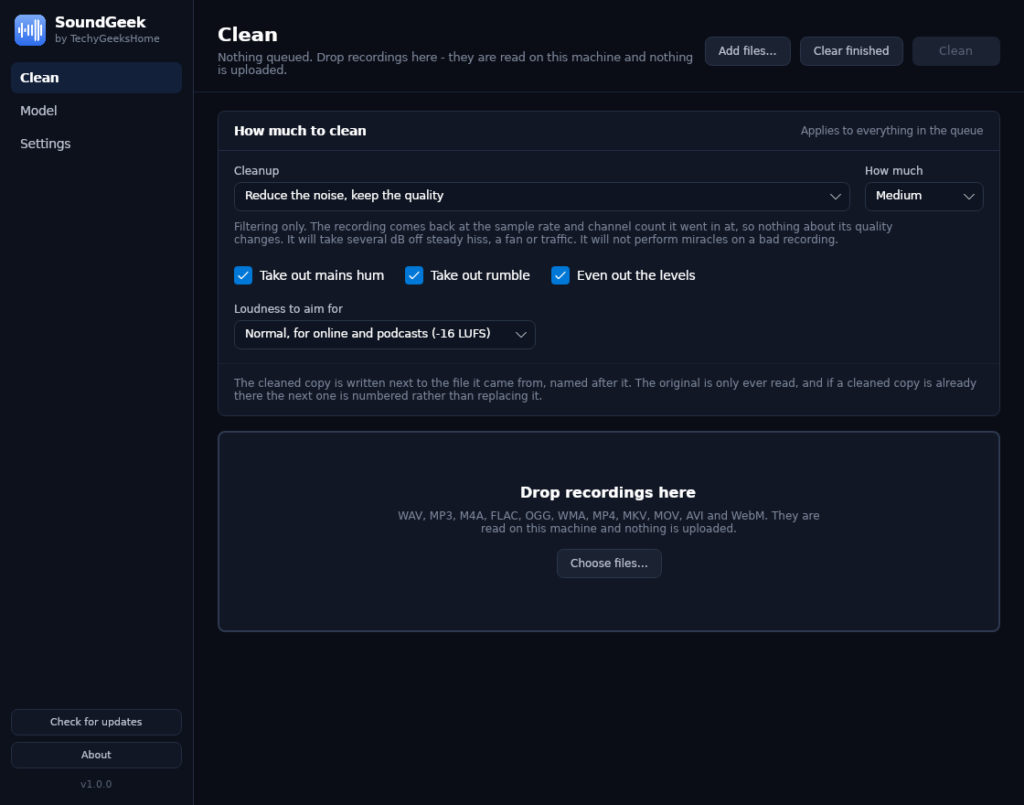 soundgeek clean screen The Clean screen. Drop recordings in, or choose them.