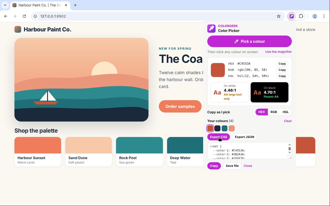 Export your colours as CSS variables or JSON