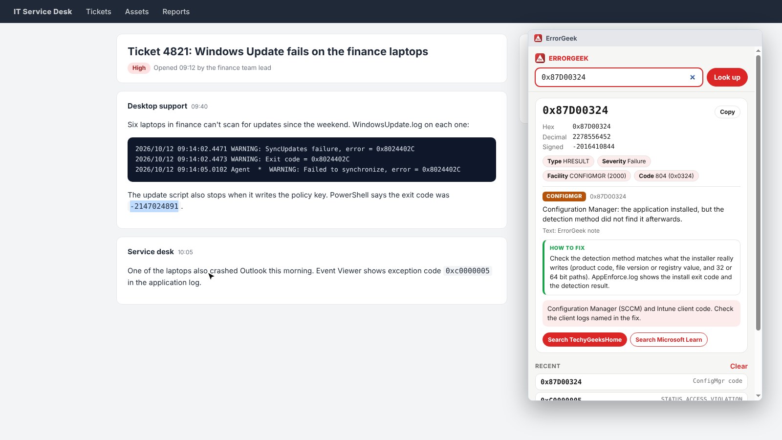 A Configuration Manager code, with the client logs to check
