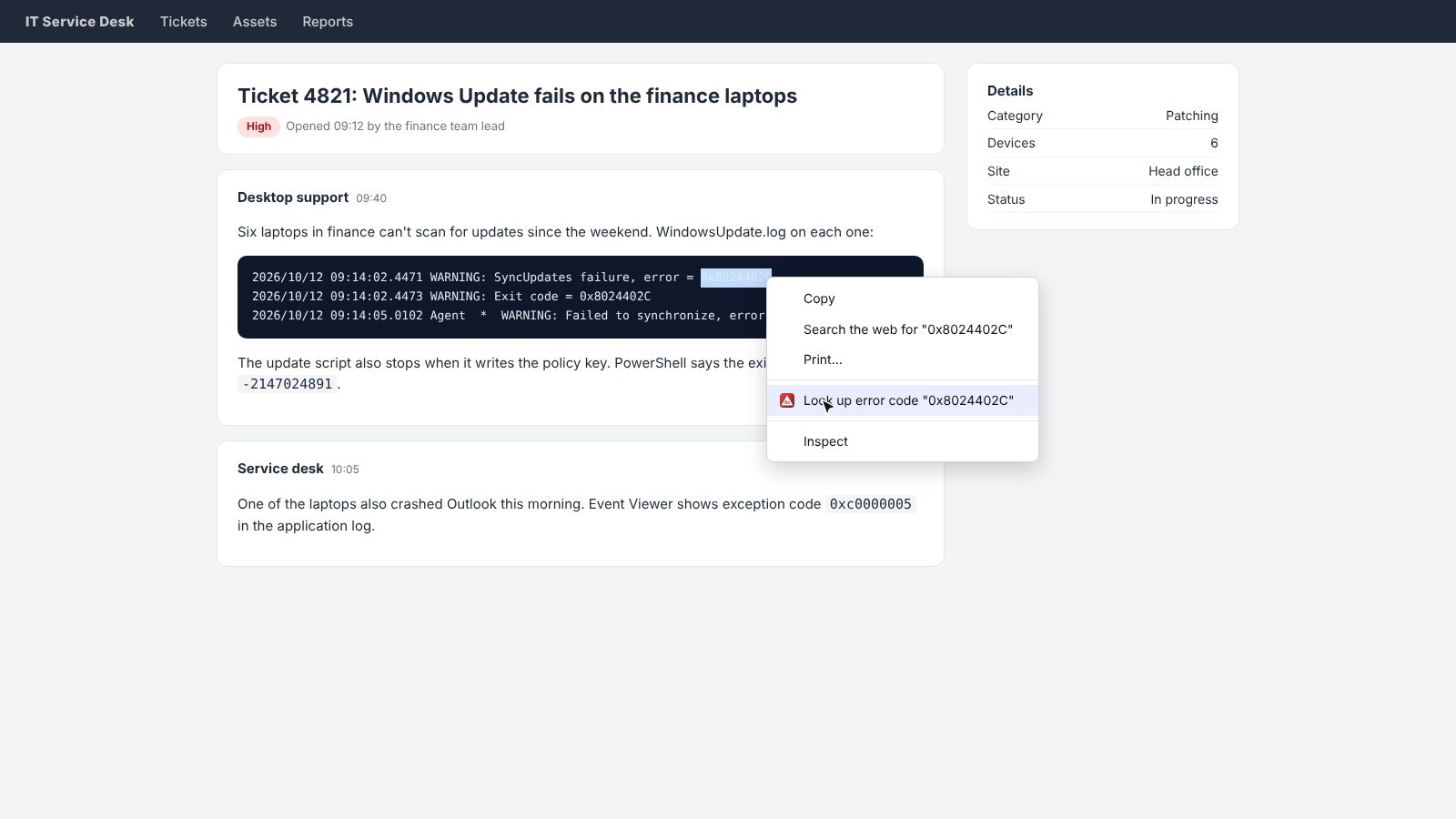 Select a code, right-click and choose Look up error code
