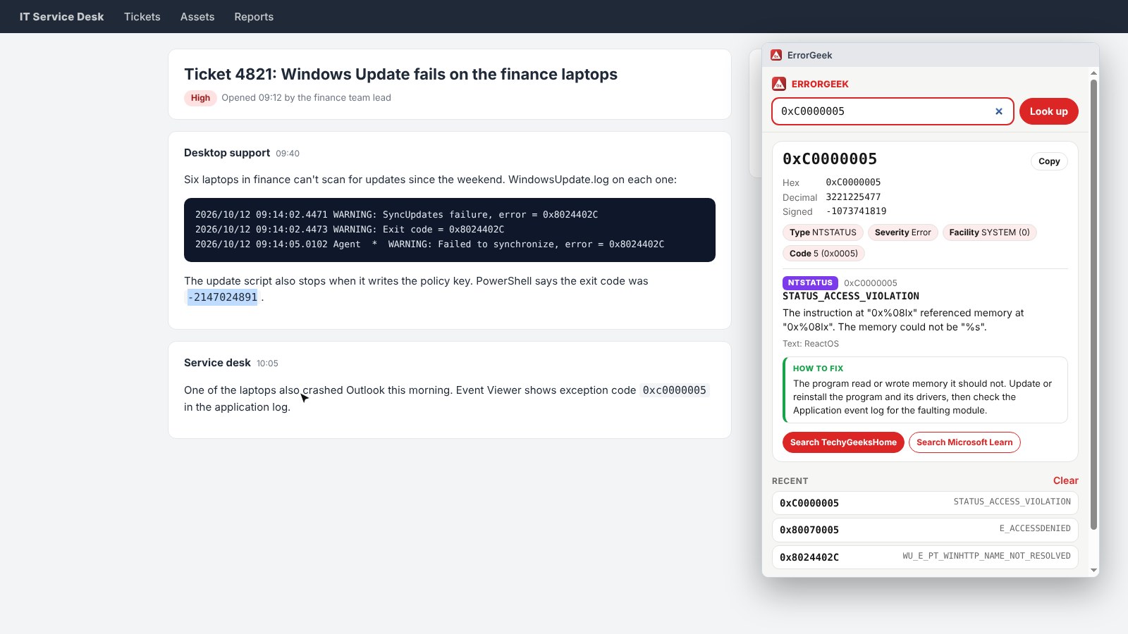 An NTSTATUS crash code from Event Viewer