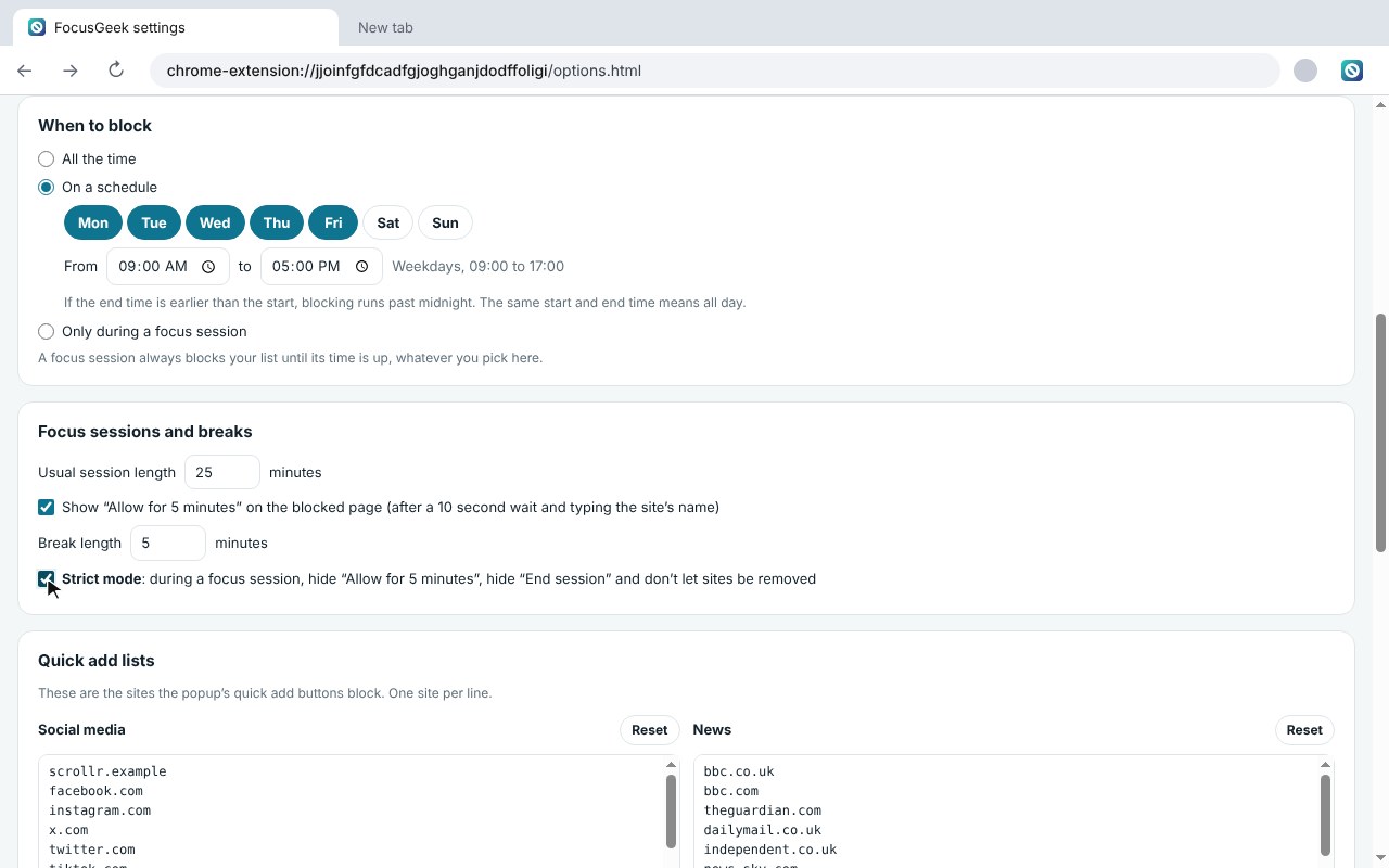 Block on a schedule, and turn on strict mode
