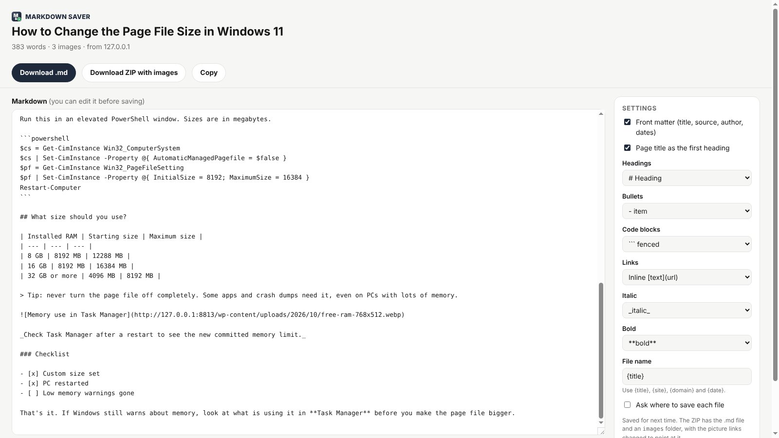 markdown saver code Code blocks, tables, quotes and task lists come through