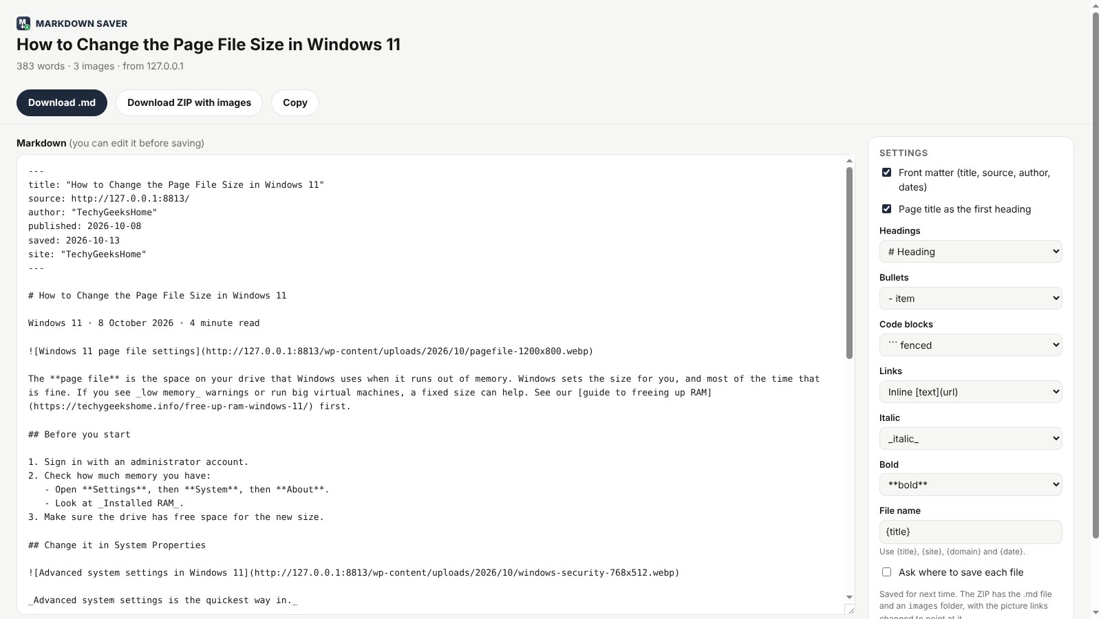 markdown saver editor Markdown Saver editor showing a web page as clean Markdown with front matter