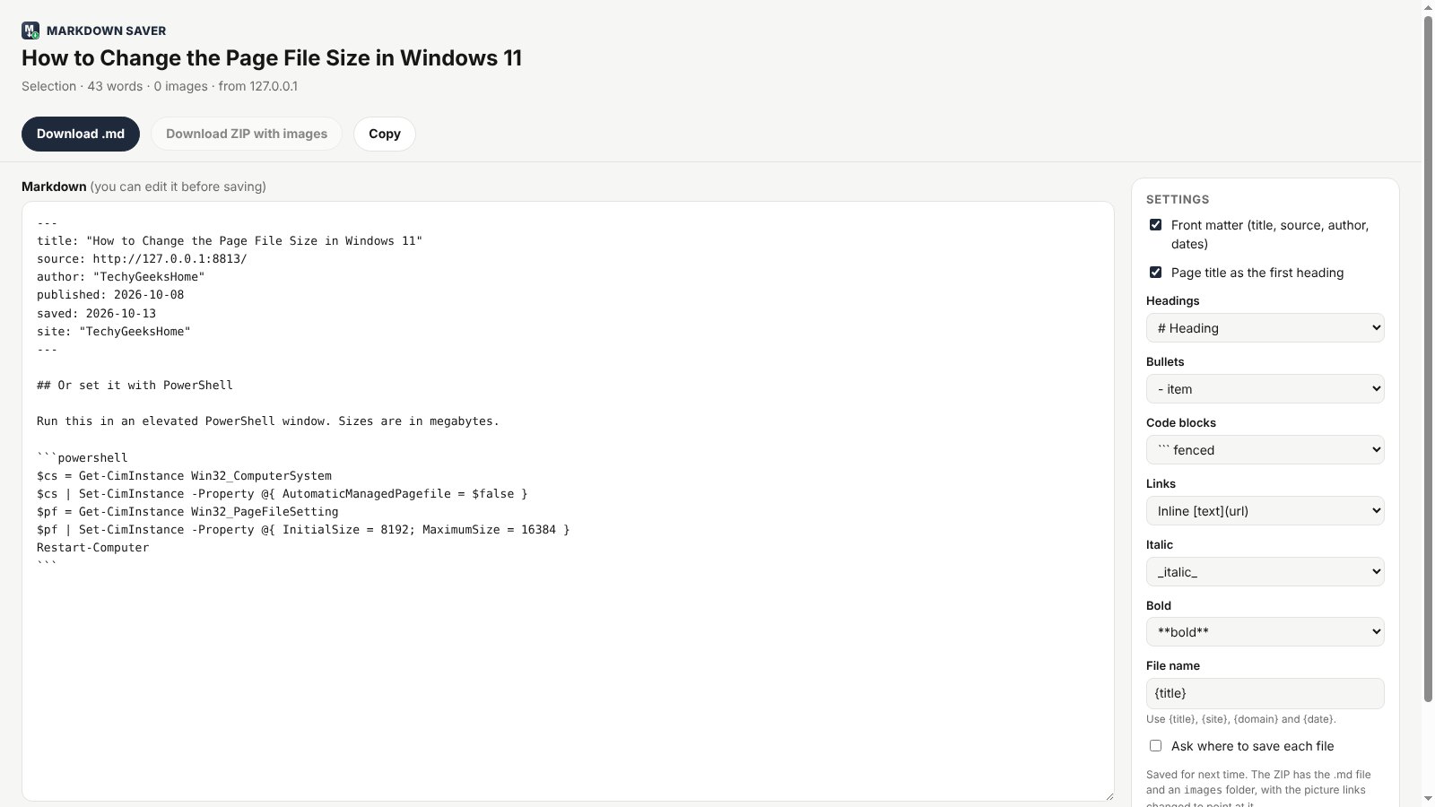 markdown saver selection Right-click and save only the selection
