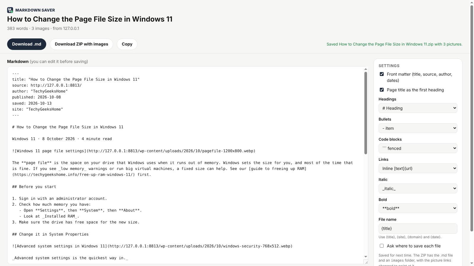 markdown saver zip Download a ZIP with the pictures included