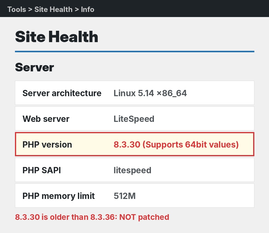 WordPress Site Health Info screen showing the PHP version (recreated example)