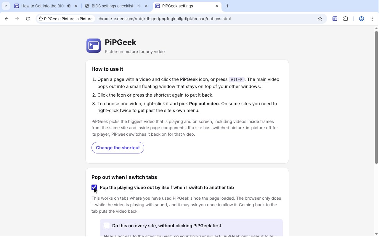 Settings: the shortcut, and pop out when you switch tabs