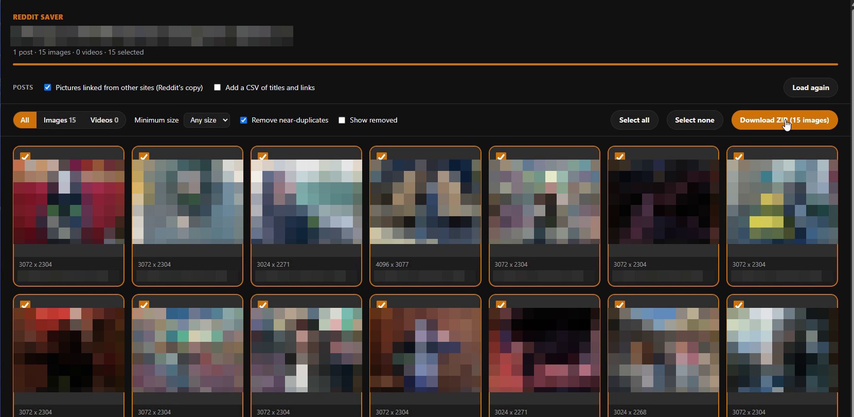 reddit saver real gallery A real gallery post: all 15 pictures at their original size (blurred here)