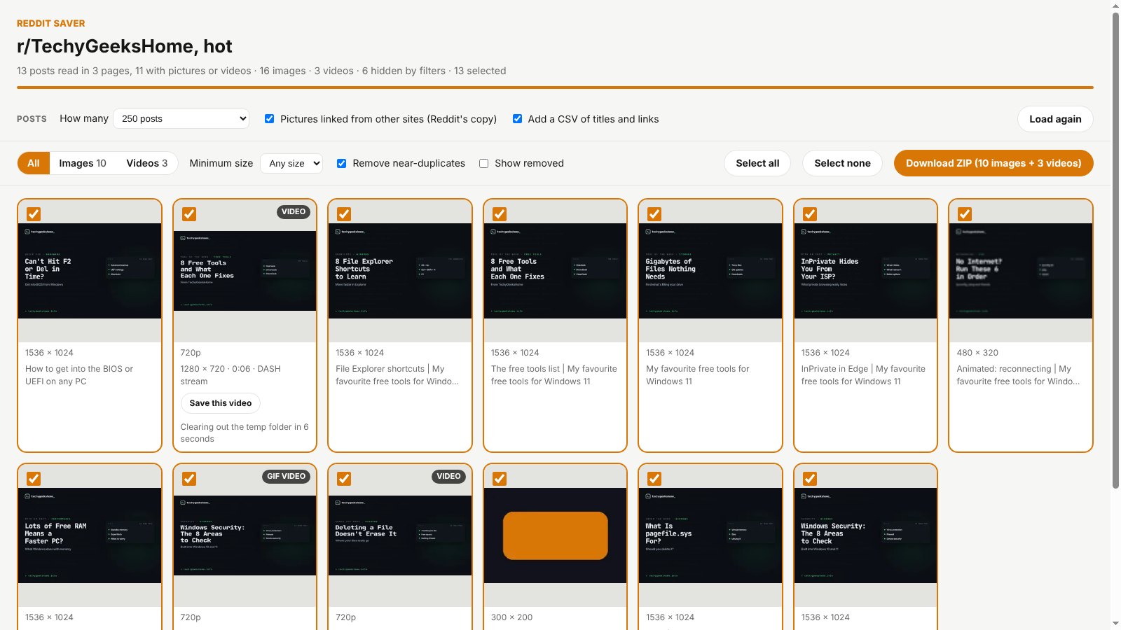 reddit saver results Reddit Saver results tab showing pictures and videos from a subreddit