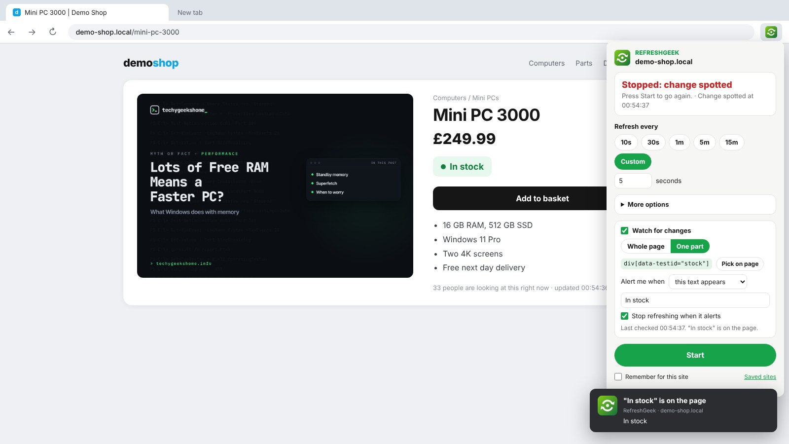 refreshgeek alert In stock: a desktop alert straight away