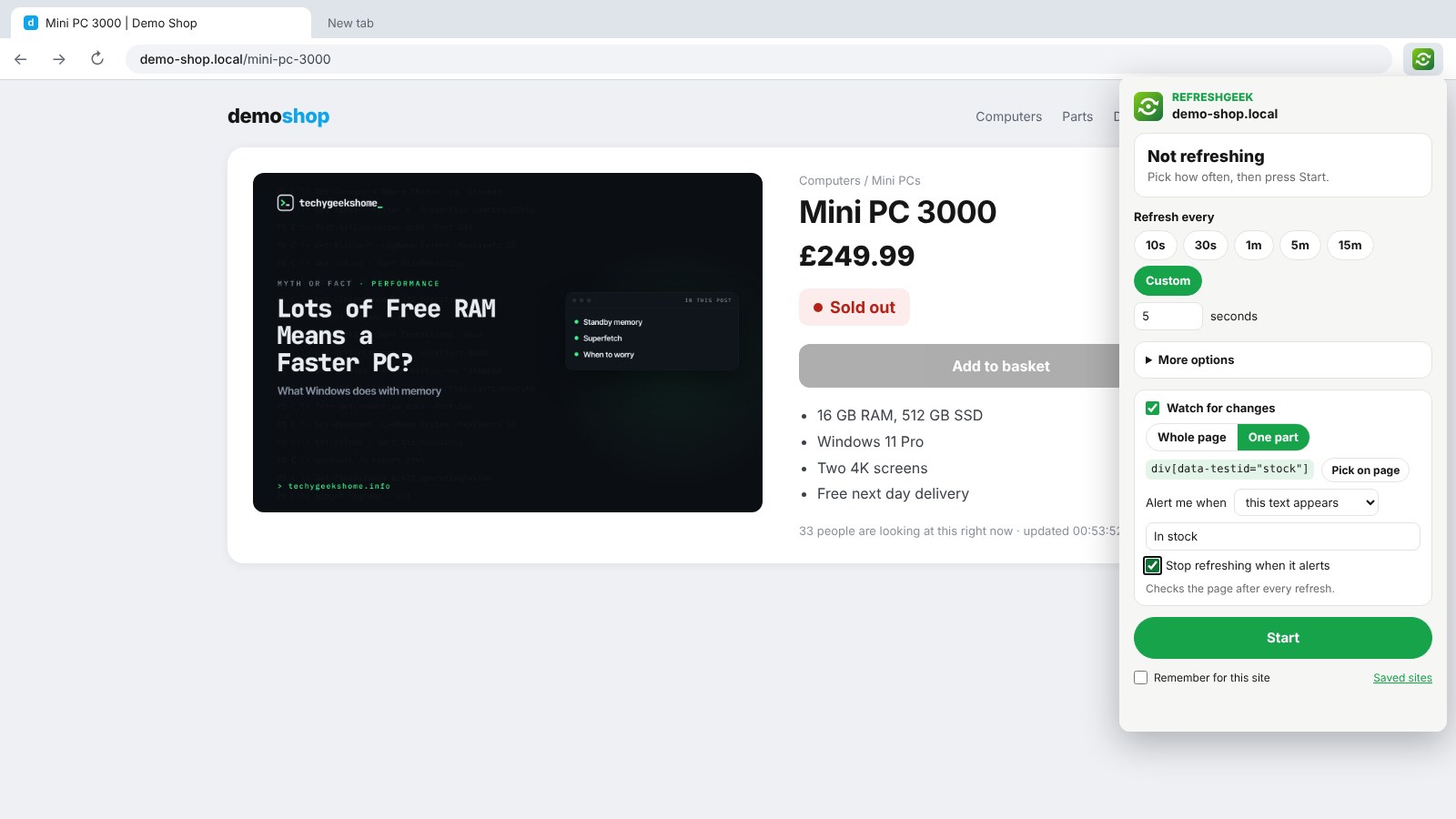 refreshgeek settings Alert when In stock appears, then stop