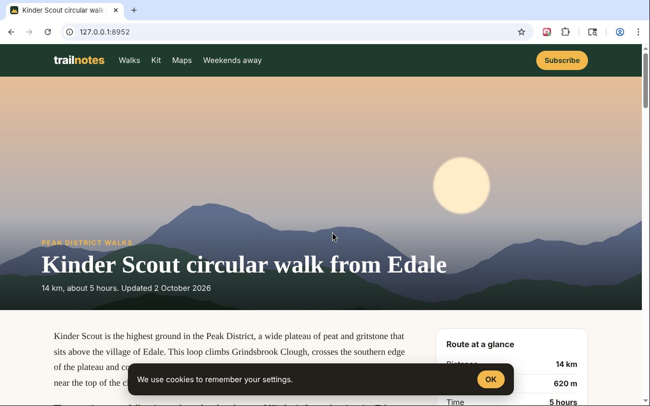 A long walking guide with a sticky header and cookie bar