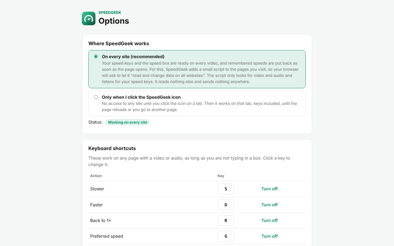 speedgeek options Settings: where it works, keys and behaviour