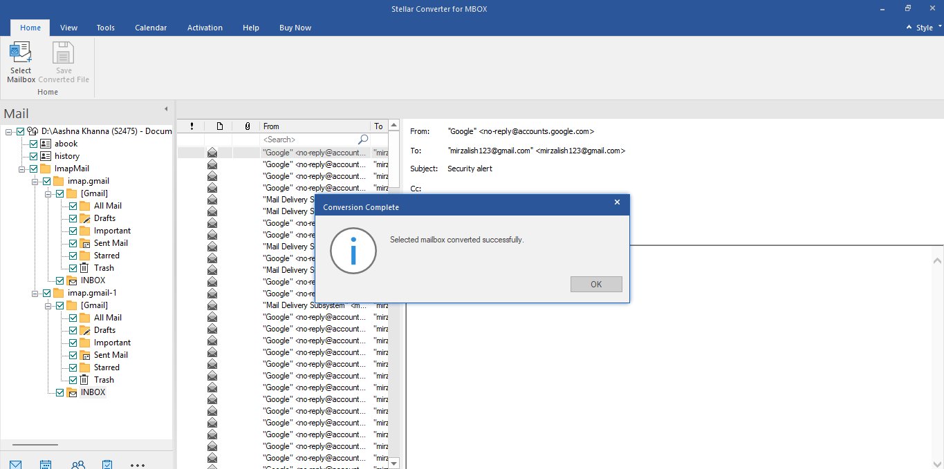 Desktop preview of a converted Gmail mailbox with the Conversion Complete message