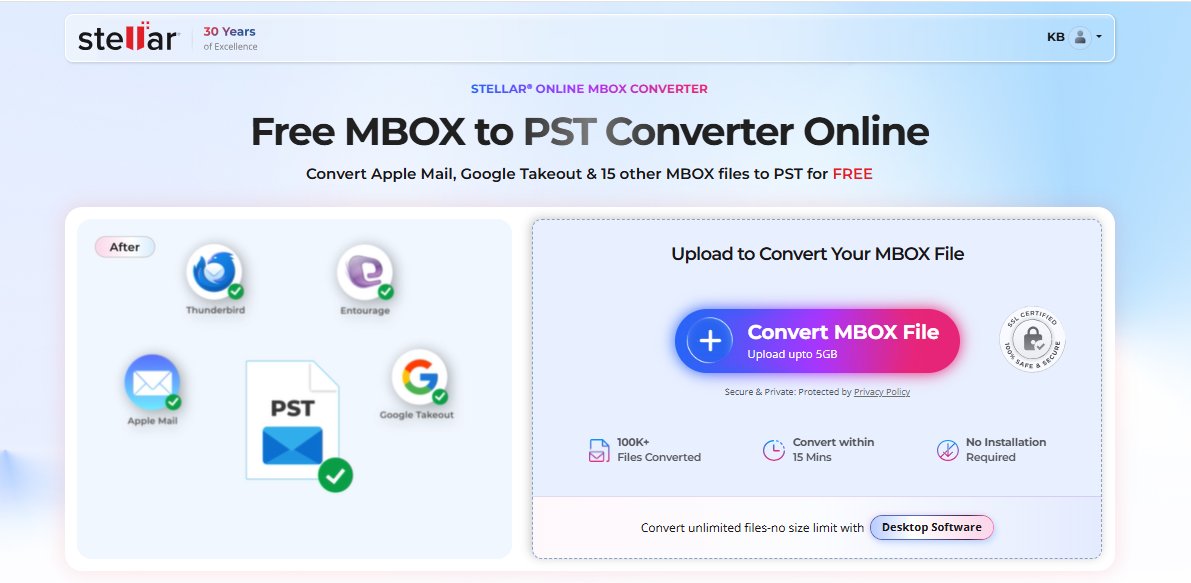 Stellar Online MBOX to PST Converter upload page