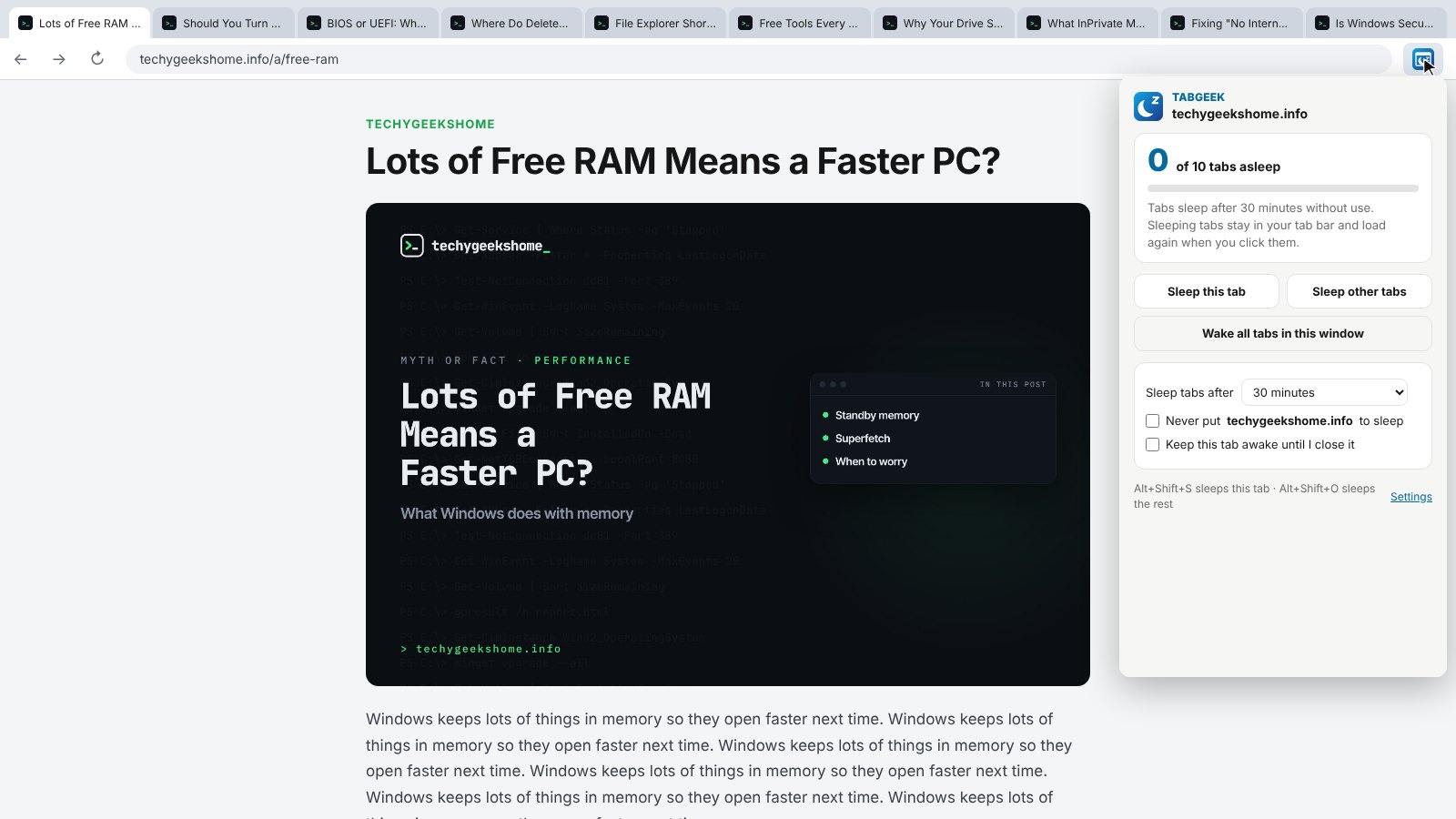 The TabGeek menu: 0 of 10 tabs asleep