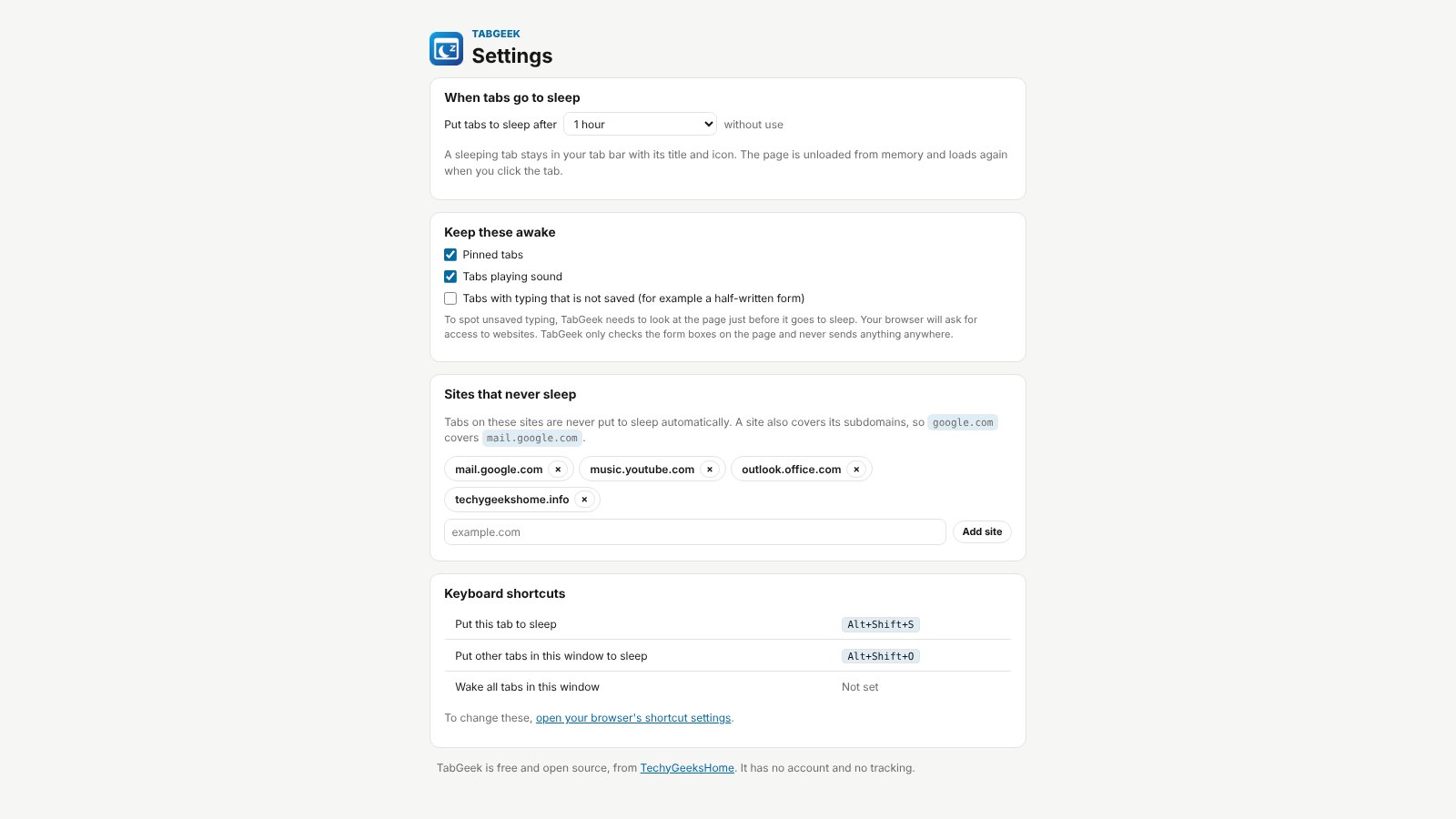 Settings: sleep time, keep-awake rules and sites