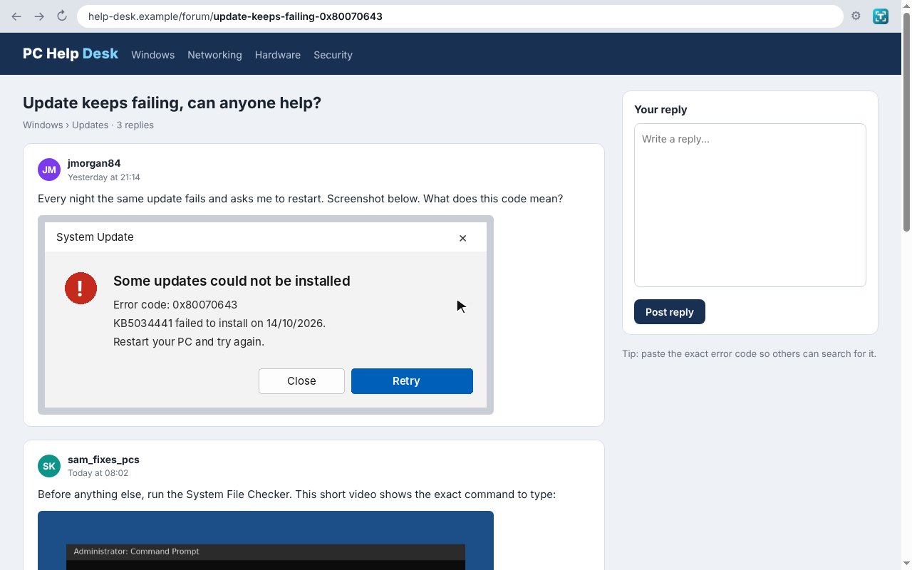 A forum post with an error message in a screenshot
